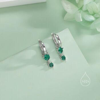 Double Emerald Green Cz Huggie Hoop Earrings, 2 of 11