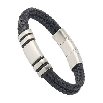 Men's Adjustable Black Leather Bracelet | Genuine Thick Double 6mm Woven Leather With Stainless Steel Snap Clasp, 3 of 6