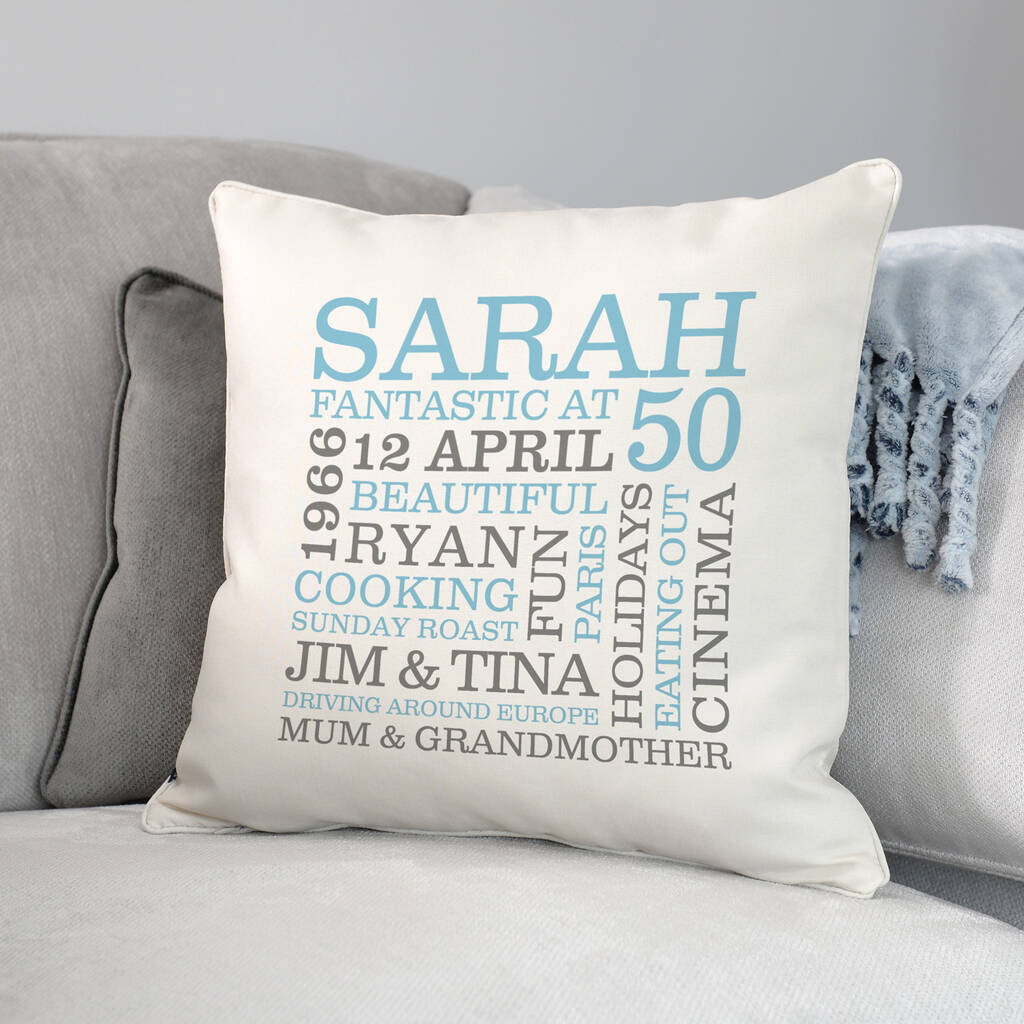 Personalised 50th Birthday Word Art Cushion, 1 of 9