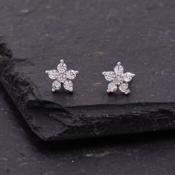 Uncoloured Forget Me Not Flower Cz Stud Earrings, 3 of 11