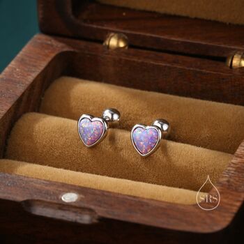 Sterling Silver Purple Opal Heart Screw Back Earrings, 3 of 8