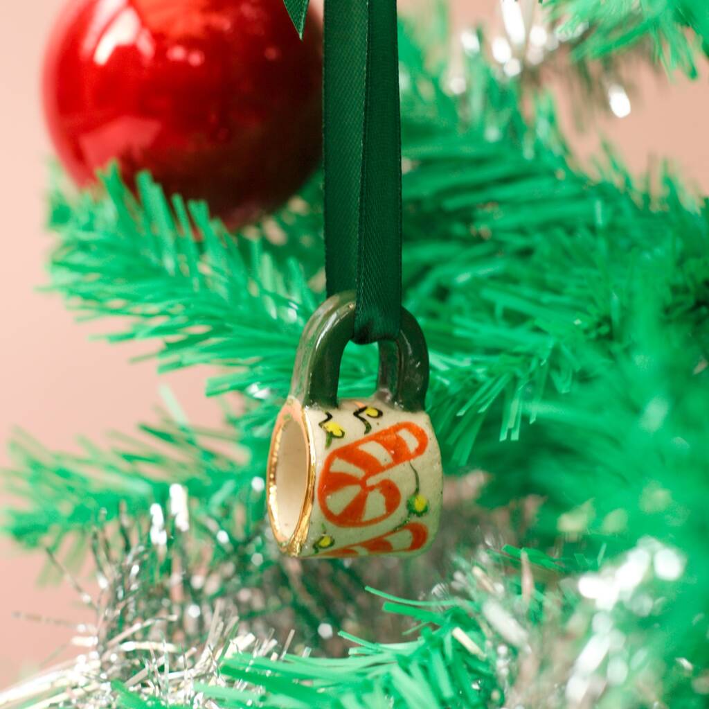 Hand Painted Mini Ceramic Mug Christmas Ornament With Candy Cane, 1 of 5