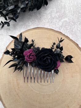 Black And Burgundy Gothic Wedding Flower Hair Comb, 4 of 4