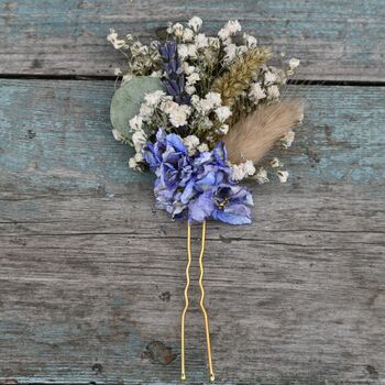 Set Of Three Wedding Dried Flower Hair Pins Meadow Blues, 3 of 4