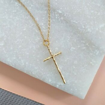 Large Gold Plated Hammered Cross Pendant Necklace, 2 of 3