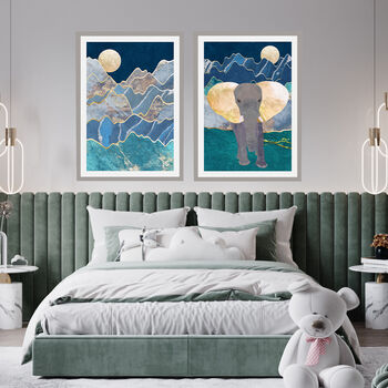 Gold Blue Moonlight Mountains Original Wall Art Print, 2 of 3