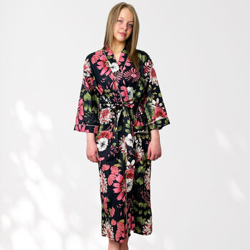 Black And Pink Flower Print Cotton Dressing Gown Kimono, 3 of 11