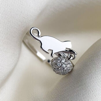 Sterling Silver Playing Cat Adjustable Ring, 2 of 5