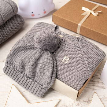 Luxury Blue Grey Bobble Hat And Cardigan Baby Gift Box, 7 of 12