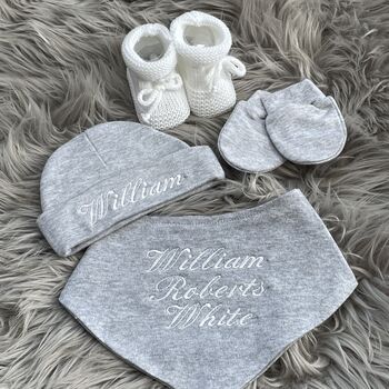 Embroidered Grey Baby Hat, Mitts And Booties Gift Set, 3 of 5