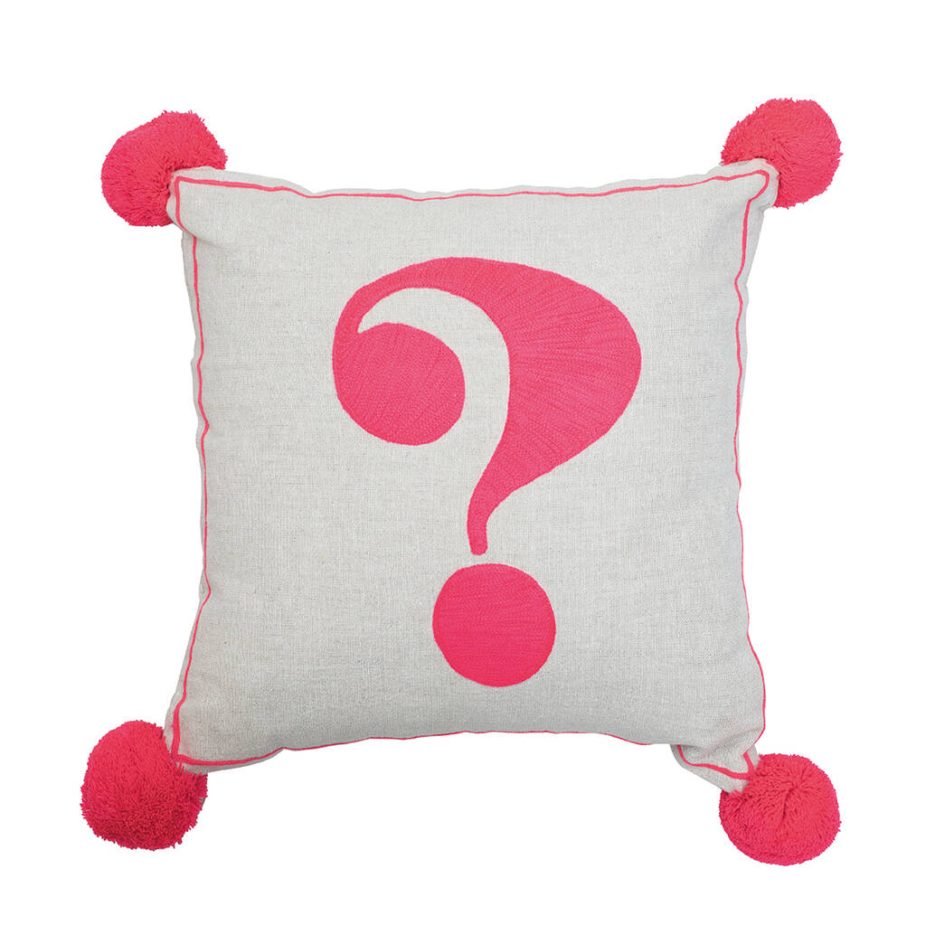 Question Mark Cushion Neon Coral On Linen Square By Bombay Duck