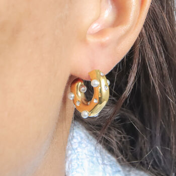 Non Tarnish Chunky Hoop Earrings Inlaid With Pearls, 3 of 7