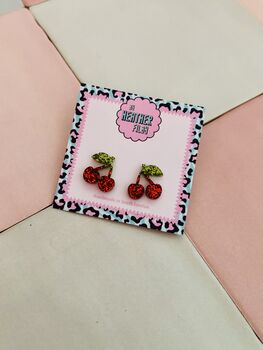 Sweet Cherry Glitter Resin Studs / Rockabilly Jewellery Retro Sparkly Fruit Studs / Gift For Her, 3 of 5