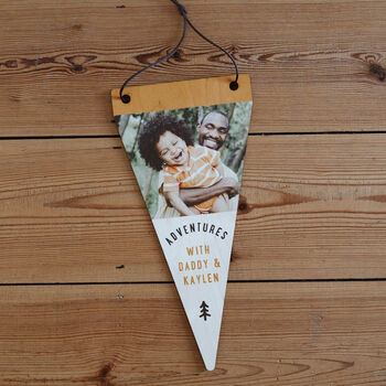 Personalised Adventures Wooden Pennant Flag With Photo, 2 of 3