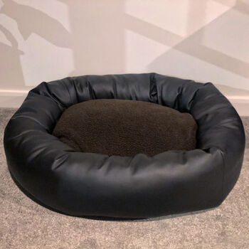 Vegan Leather Donut Dog Bed With Sherpa Fleece Cushion, 10 of 12