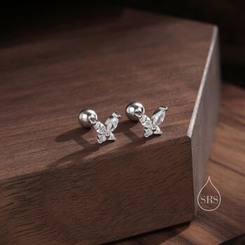 Sterling Silver Cz Butterfly Barbell Earrings, 2 of 11