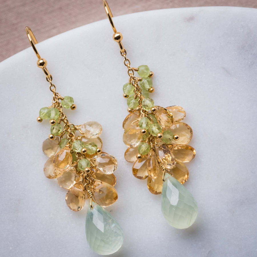 Gemstone And 18ct Gold Plated Long Drop Earrings By Mishanto London 18ct Yellow Gold Prehnite Peridot And Citrine Drop Earrings