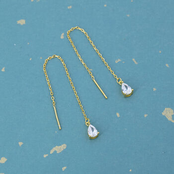 Sterling Silver Cz Droplet Threader Earrings, 6 of 11