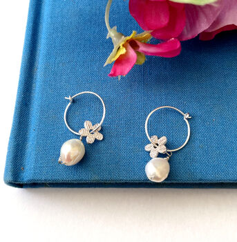 Sterling Silver Flower And Pearl Drop Hoop Earrings, 2 of 10