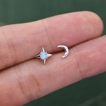 Mismatched Starburst And Moon Stud Earrings In Sterling Silver With Lab Opal, 5 of 12