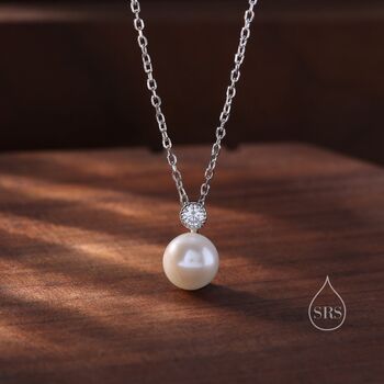 Natural Pearl And Cz Bezel Necklace In Sterling Silver, 4 of 10