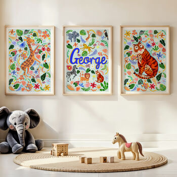 Personalised Safari Animal Name Print | Blue Jungle Nursery Decor | Baby Boy Wall Art, 6 of 7