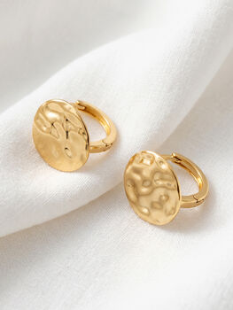 Gold Textured Disc Huggie Hoop Earring, 2 of 5