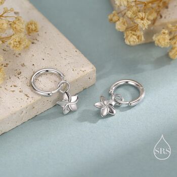 Sterling Silver Tiny Plumeria Flower Huggie Hoop Earrings, 4 of 11