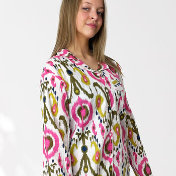 Ikat Print 100% Cotton Ladies Pyjamas In White And Pink, 6 of 9