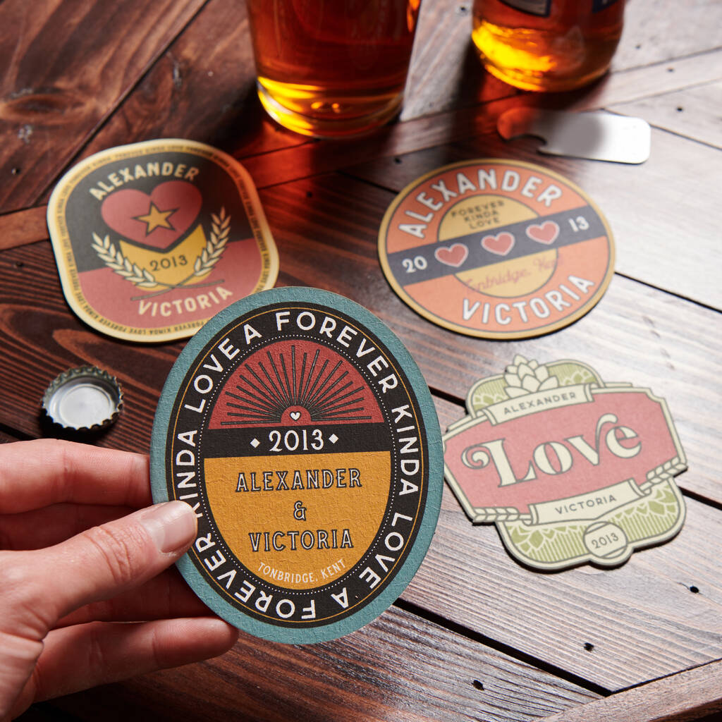 Set Of Four Personalised Couples Retro Style Beer Mats By Oakdene 