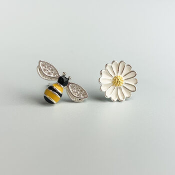 Sterling Silver Bumblebee And Daisy Stud Earrings, 2 of 8