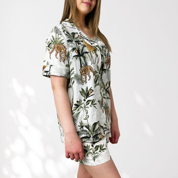 Giraffe And Leopard Print 100% Cotton Ladies Pyjama Short Set In White, 3 of 8
