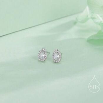 Tiny Droplet Cz Halo Stud Earrings In Sterling Silver, 2 of 12