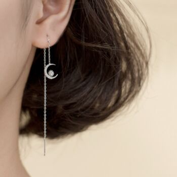 Sterling Silver Sparkly Moon And Star Threader Earrings, 2 of 7