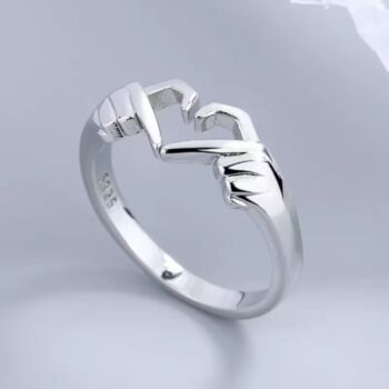Silver Plated Hand Heart Couple Love Adjustable Ring, 3 of 6