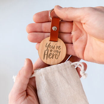 Engraved 'You're My Hero' Wooden Keyring For Dad, 2 of 4