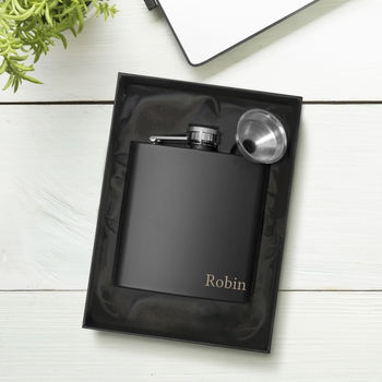 Personalised Black Hip Flask With Funnel And Gift Box, 2 of 3