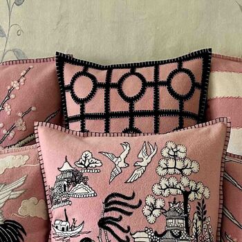 Hand Embroidered Chinoiserie Fretwork Wool Cushion, 3 of 4