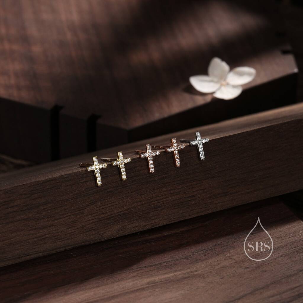 Cz Cross Stud Earrings In Sterling Silver, 1 of 11