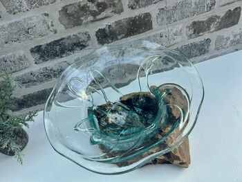 Handcrafted Teak Root And Molten Glass Bowl Wooden Flower, 9 of 10