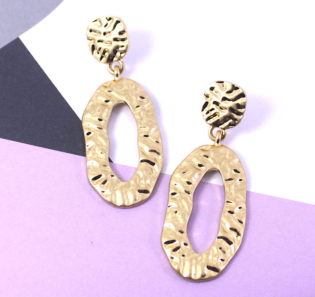 Brass Hammered Oval Drop Earrings By Lucy Loves Neko