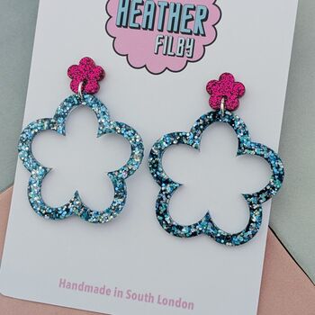Groovy Pink And Blue Glitter Resin Flower Earrings, 3 of 4