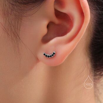 Sterling Silver Black Cz Curved Bar Tiny Stud Earrings, 6 of 12