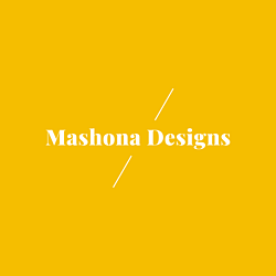 A logo with a yellow square and Mashona Designs written in white