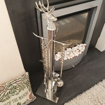 Chrome Fireside Companion Five Piece Stag Design Fireplace Set, 4 of 9