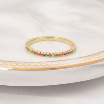 Sterling Silver Skinny Rainbow Crystal Pave Ring, 3 of 12