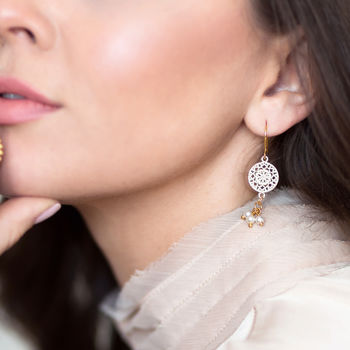 Gold Plated Filigree Earrings With Triple Pearl Drop, 2 of 7