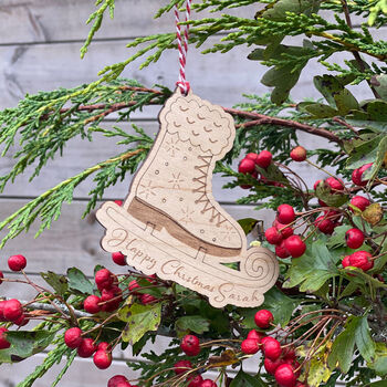 Personalised Wooden Ice Skate Christmas Tree Hanging Decoration, 2 of 4
