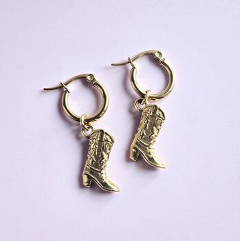 Gold Plated Cowboy Boot Huggie Hoop Earrings, 2 of 5
