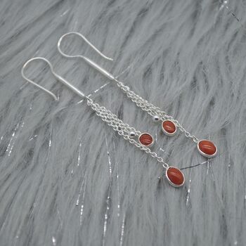 Red Coral Sterling Silver Drop Earrings, Long Earrings, 3 of 7